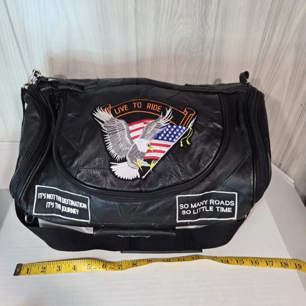 Genuine Buffalo Leather Motorcycle Bag Live to Ride Eagle USA Flag Patches Black
